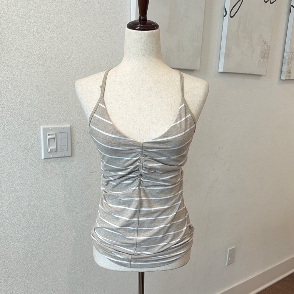 lululemon athletica Beige and White Striped Ruched Spaghetti Strap Tank